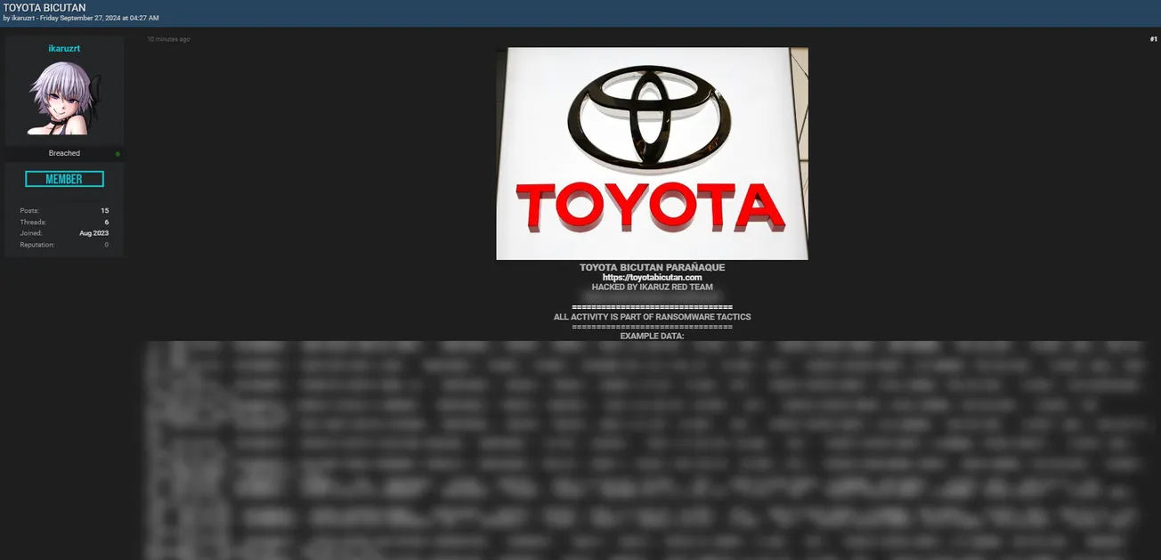 A Threat Actor Allegedly Leaked Data of Toyota Bicutan Paranaque