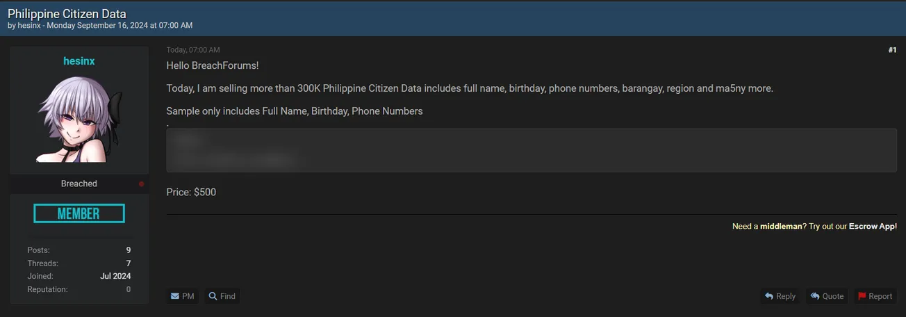 A Threat Actor Allegedly is Selling Philippine Citizens Data