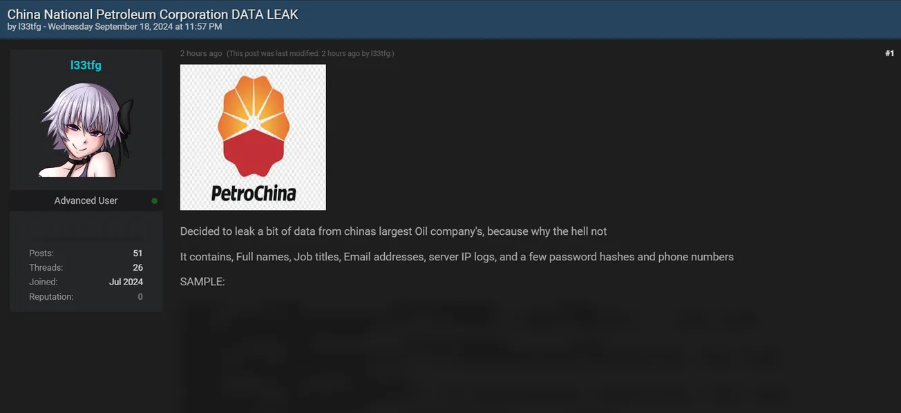 A Threat Actor Allegedly Leaked the Data of China National Petroleum Corporation