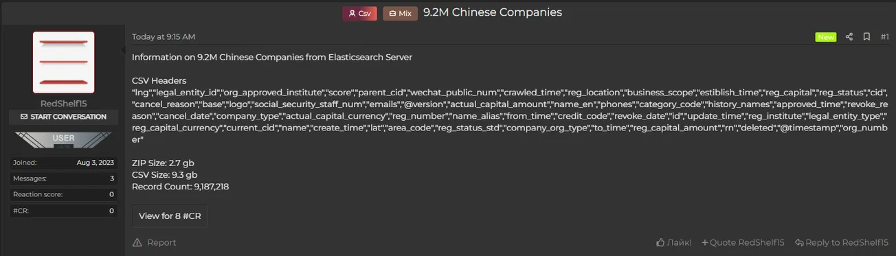 A Threat Actor Allegedly Leaked 9.2 million Records of Data From Unidentified Chinese Companies