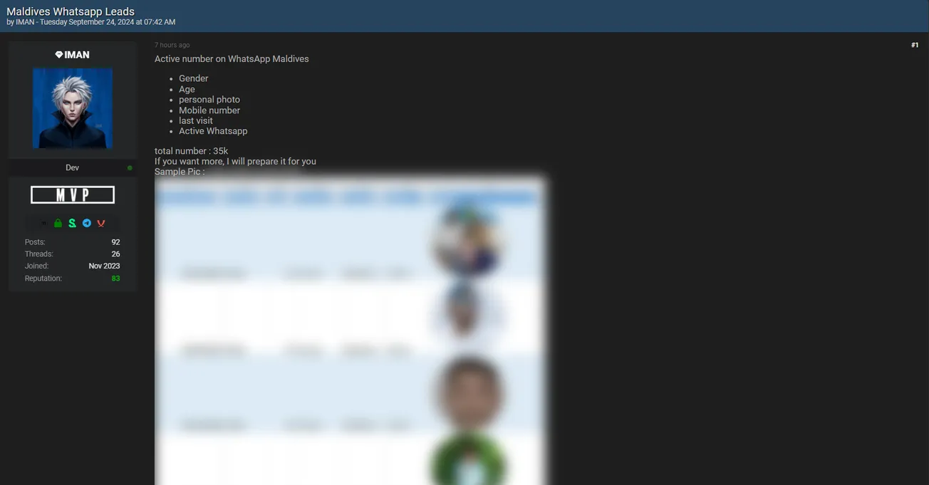 A Threat Actor Allegedly is Selling Maldives WhatsApp Leads