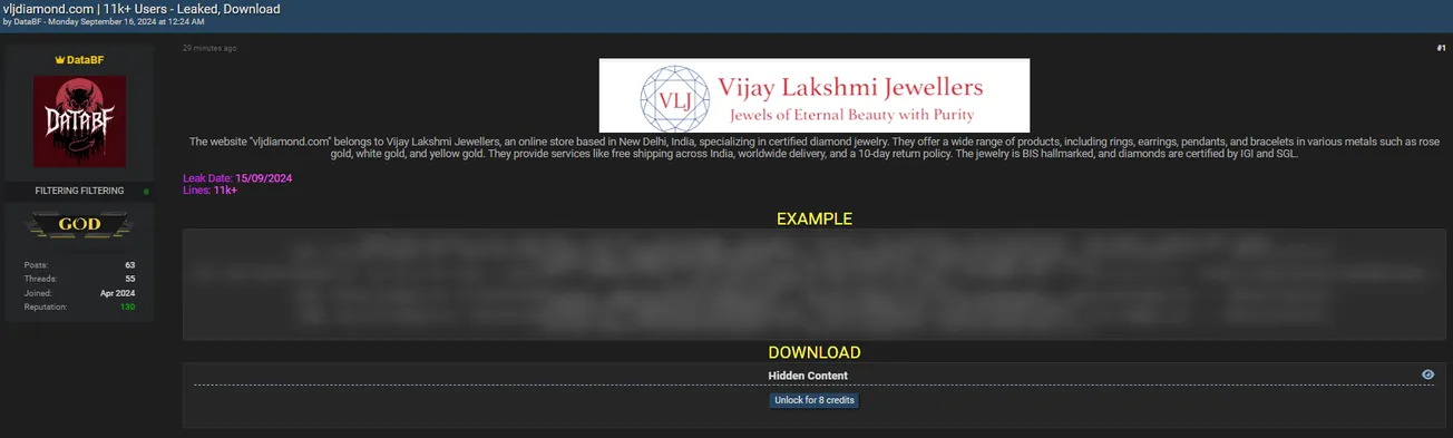 A Threat Actor Allegedly Leaked Data of Vijay Lakshmi Jewellers