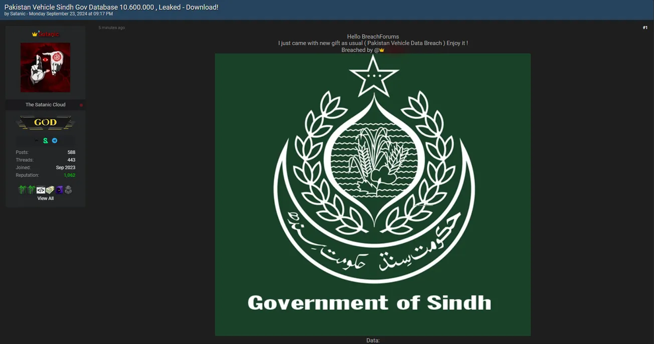 A Threat Actor Allegedly Leaked the Government of Sindh Database