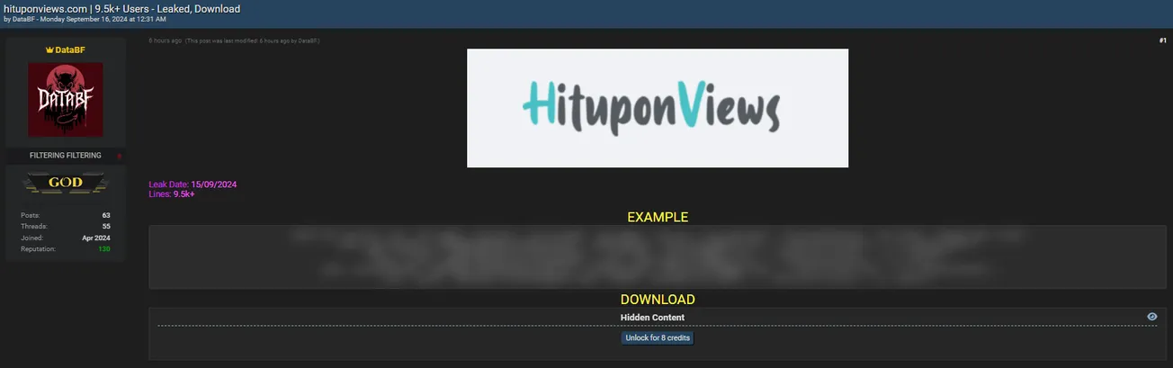 A Threat Actor Allegdly Leaked Data of HituponViews