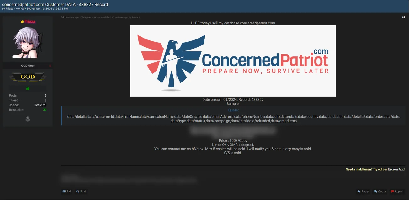 A Threat Actor Allegedly is Selling the Database of Concerned Patriot