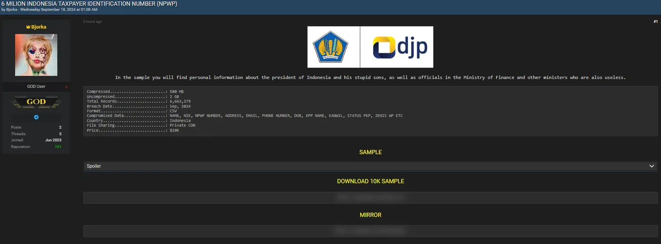 A Threat Actor is Allegedly Selling Data of Direktorat Jenderal Pajak