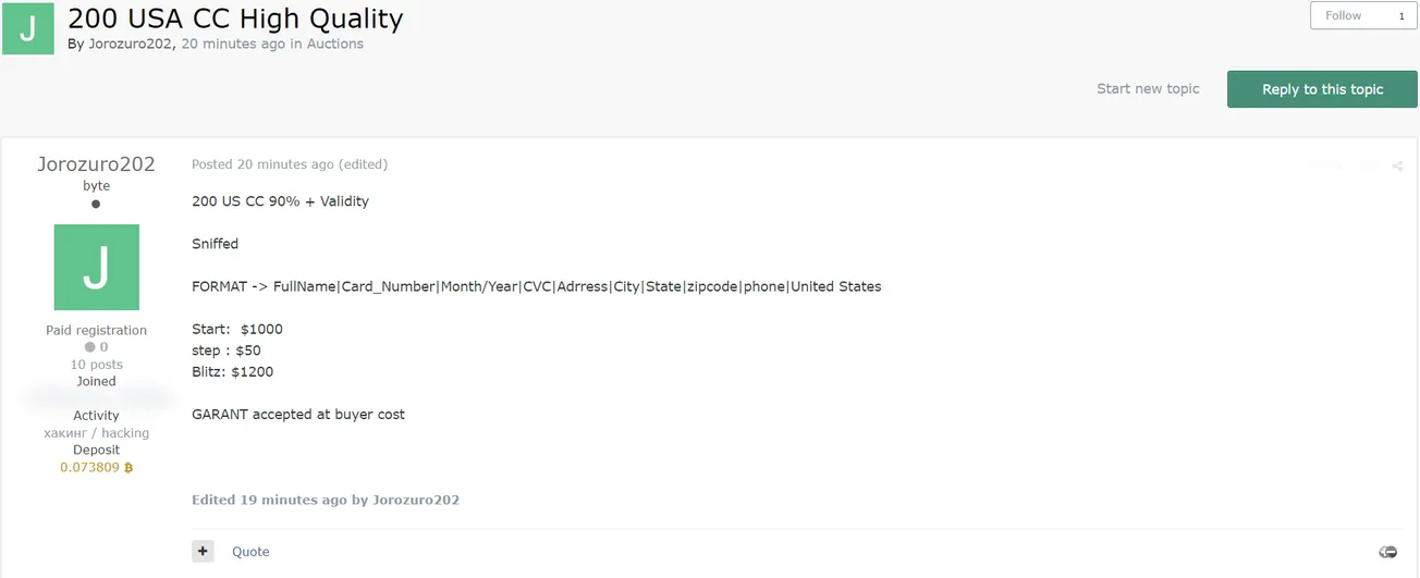 A Threat Actor is Allegedly Selling 200 High Quality USA CC