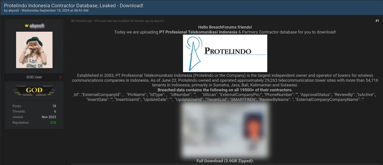 A Threat Actor has Allegedly Leaked the Database of Protelindo Contractor