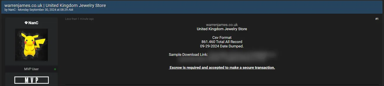 A Threat Actor is Allegedly Selling Warren James Jewellers Data