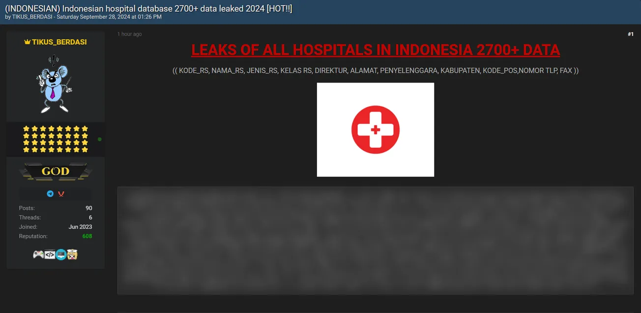 A Threat Actor has Allegedly Leaked the Indonesian Hospital Database