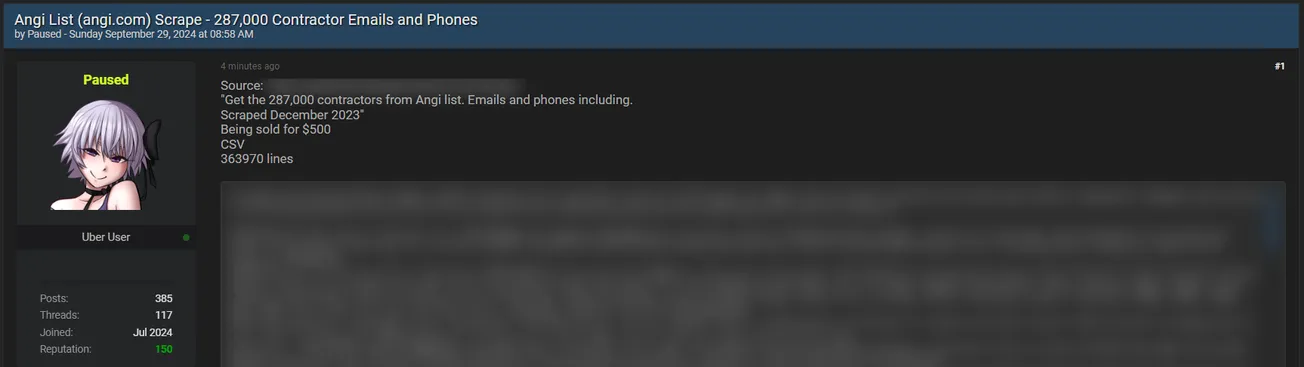 A Threat Actor is Selling a Data Scrape of Angi List