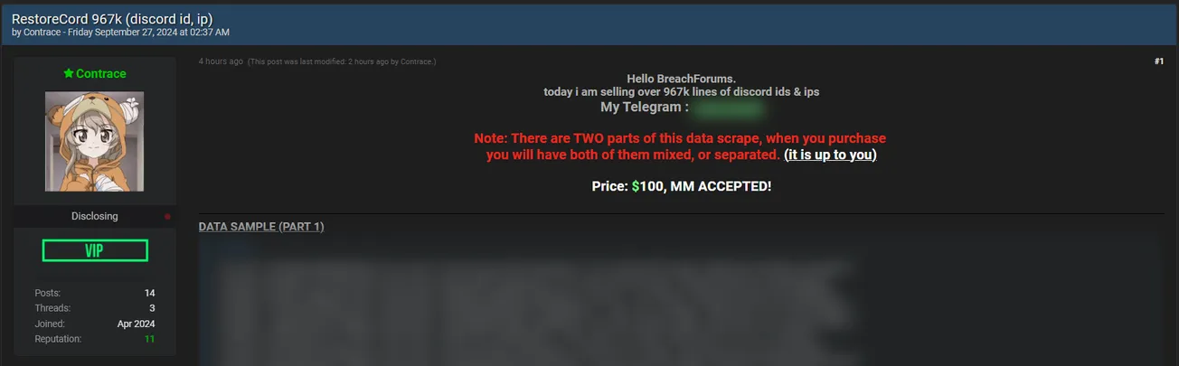 A Threat Actor is Selling Data of  Discord