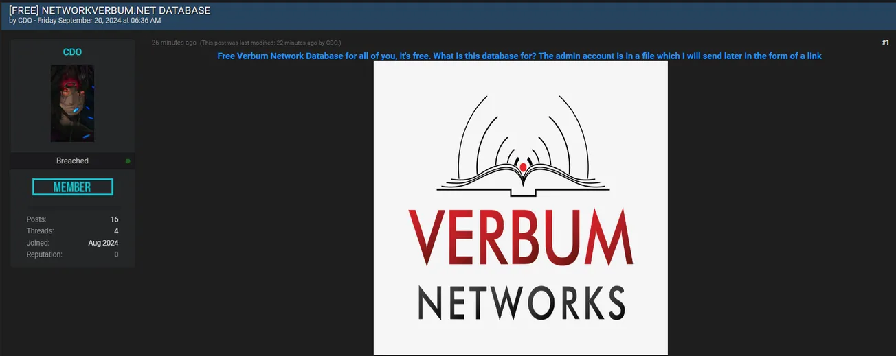 A Threat Actor Allegedly Leaked Verbum Networks Ltd Database