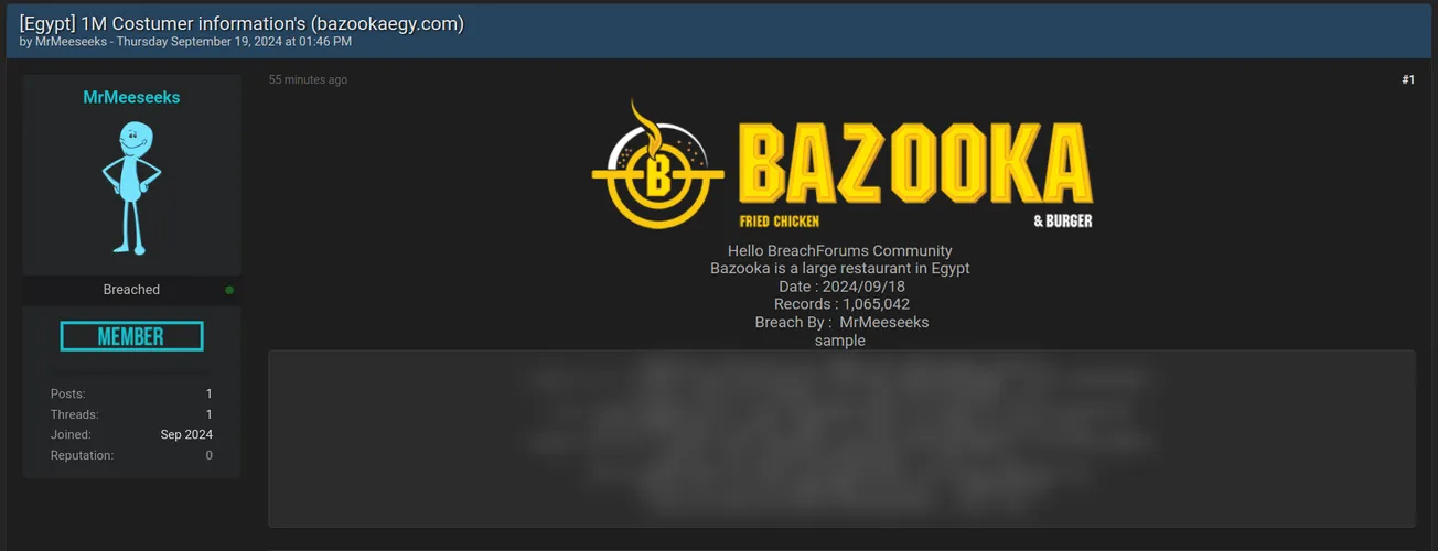 A Threat Actor has Allegedly Leaked the Bazooka Fried Chicken Database