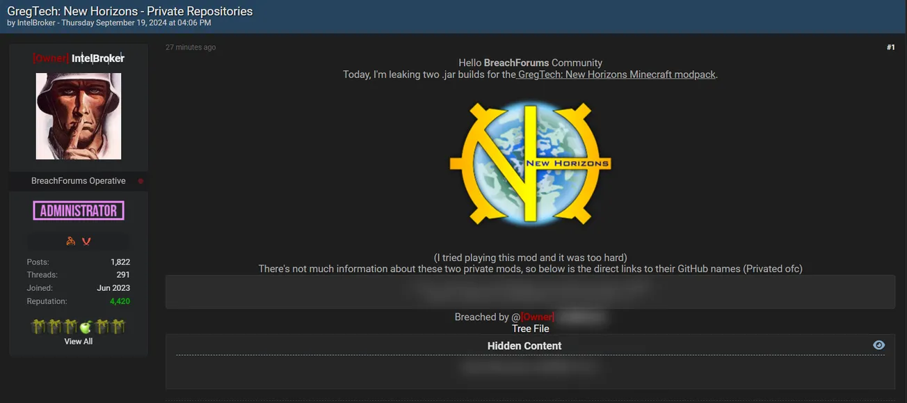 GregTech: New Horizons Team Private Repositories Allegedly Leaked by IntelBroker