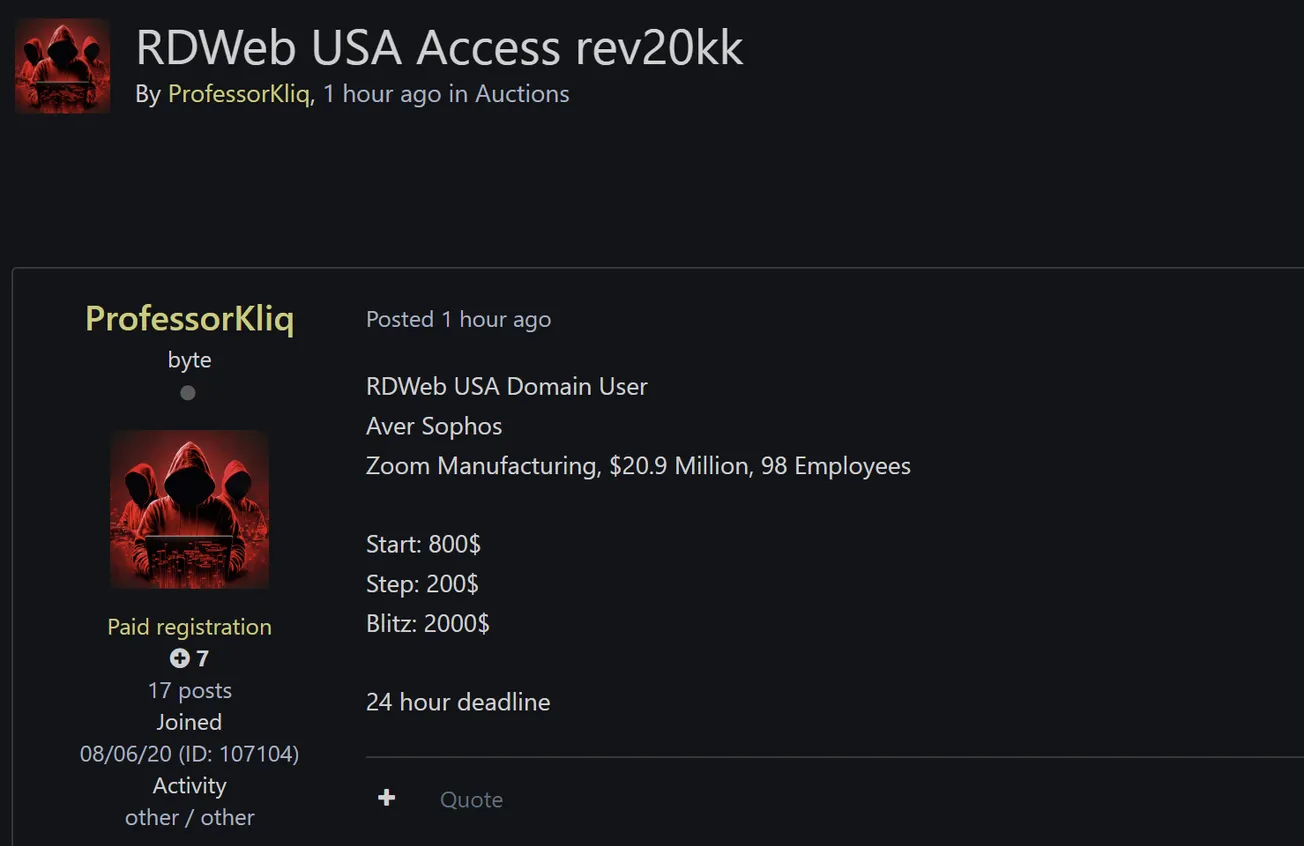 A Threat Actor is Allegedly Selling RDWeb Access of an Unidentified Organisation in the USA