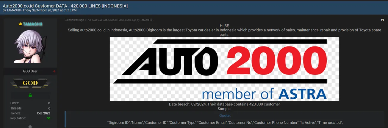 A Threat Actor is Allegedly Selling the Auto2000 Database