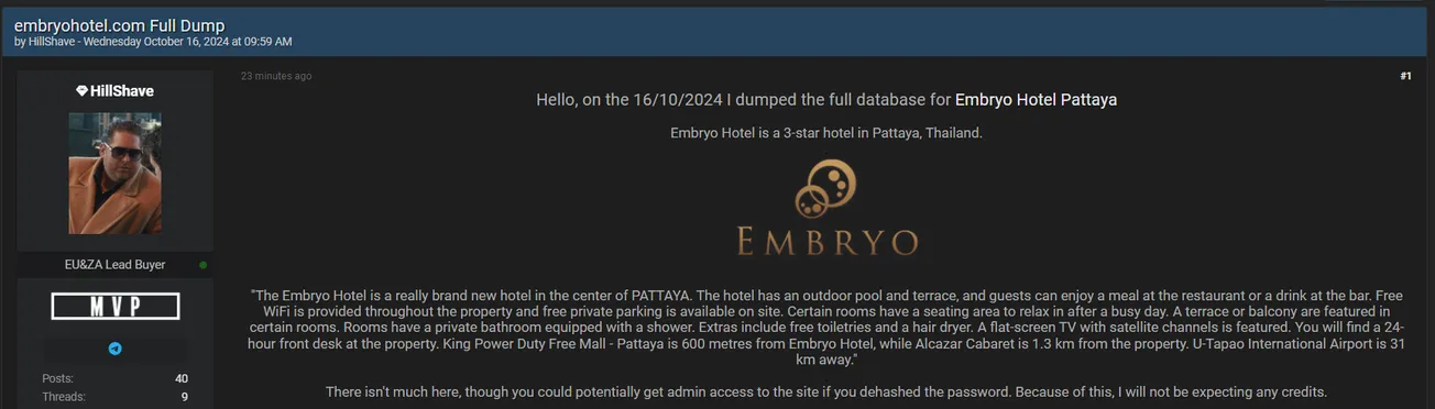 A Threat Actor has Allegedly Leaked the Database of Embryo Hotel