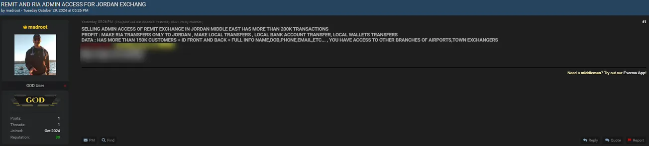 A Threat Actor is Allegedly Selling Admin Access to Jordan Exchange