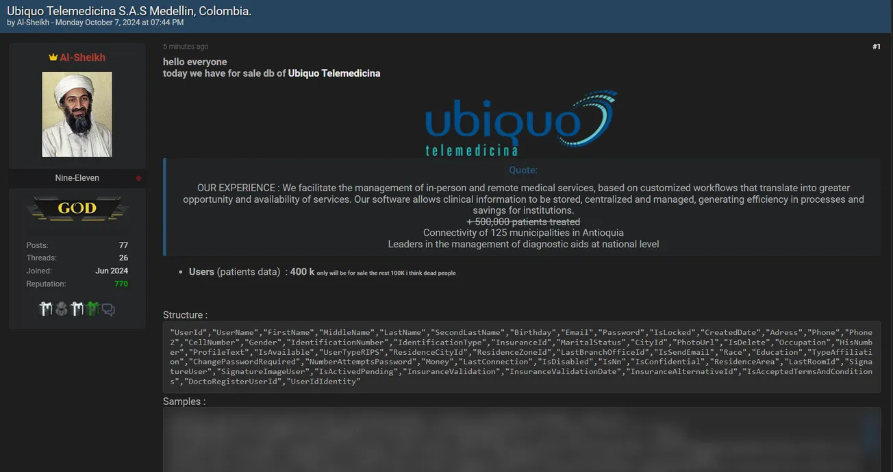 A Threat Actor is Allegedly Selling Ubiquo Telemedicine Database