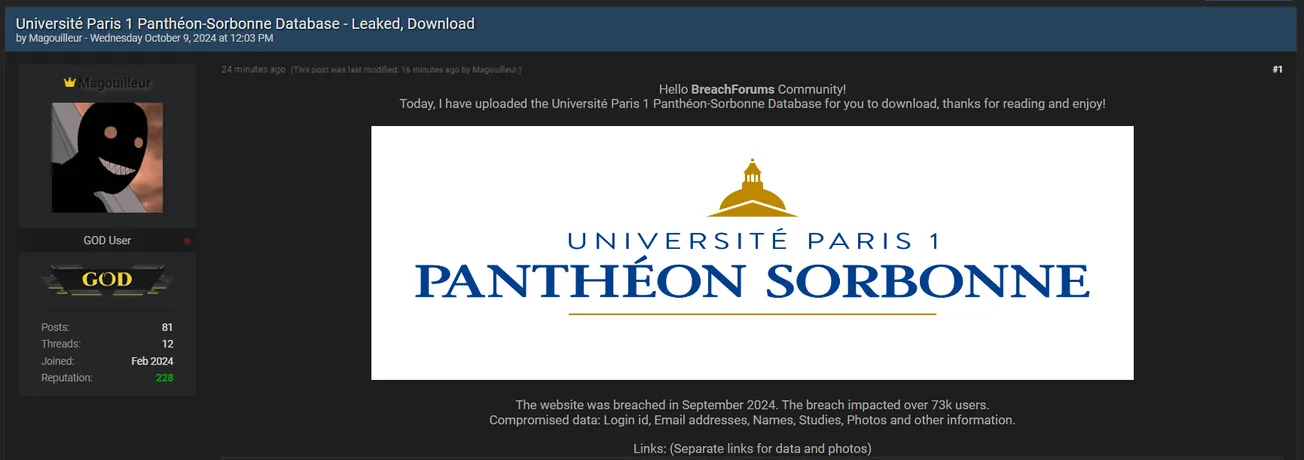 A Threat Actor has Allegedly Leaked Data of University of Paris I: Panthéon-Sorbonne