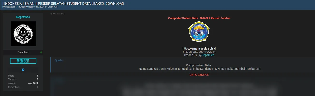 A Threat Actor Allegedly Leaked the Data of SMAN 1 PESISIR SELATAN
