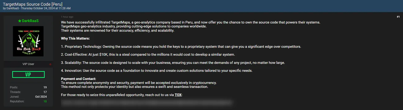 DarkRaaS is Allegedly Selling the Source Code of TargetMaps