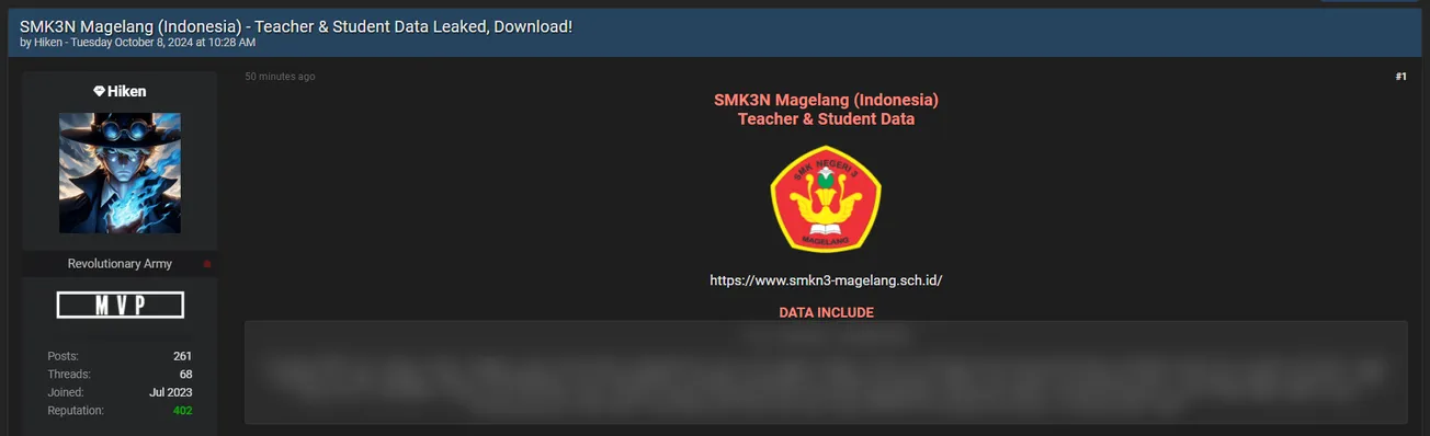 Hiken Allegedly Leaked the Data of SMK Negeri 3 Magelang