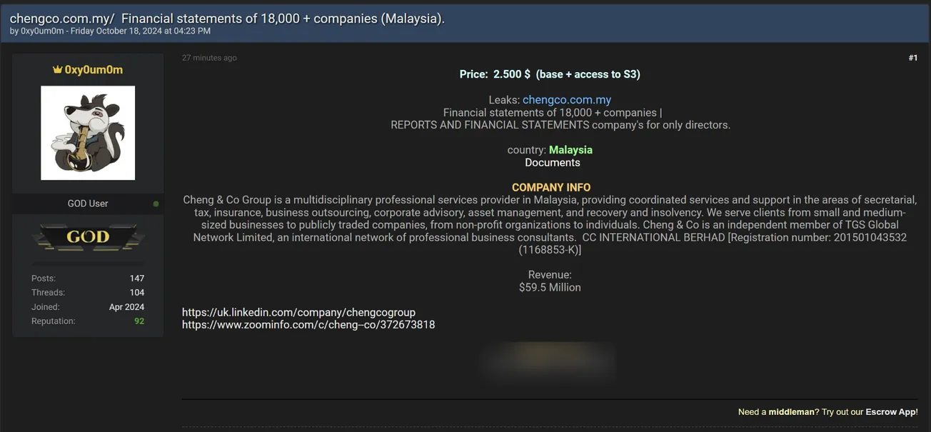 A Threat Actor Allegedly is Selling the Database of Cheng & Co Group