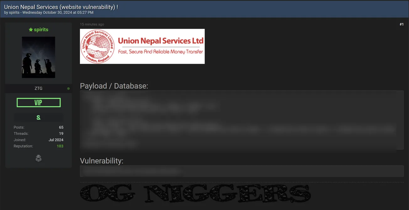 spirits is Allegedly Selling a Vulnerability Leak of Union Nepal Services (UNS) Website