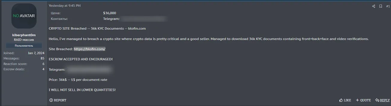 A Threat is Allegedly Selling 36K KYC Documents from BloFin