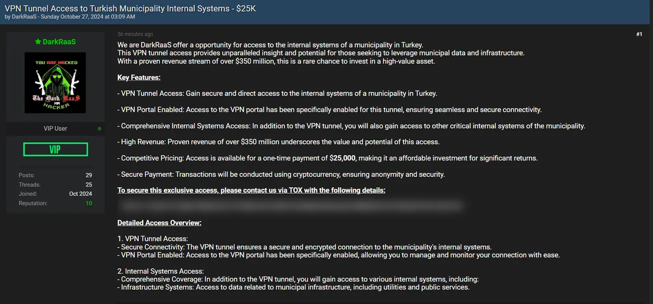 DarkRaaS is Allegedly Selling VPN Access to an Unidentified Turkish Municipality