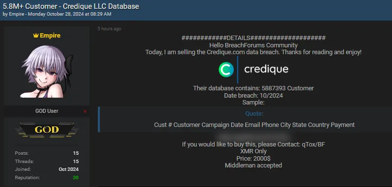 A Threat Actor is Allegedly Selling the Data of Credique LLC