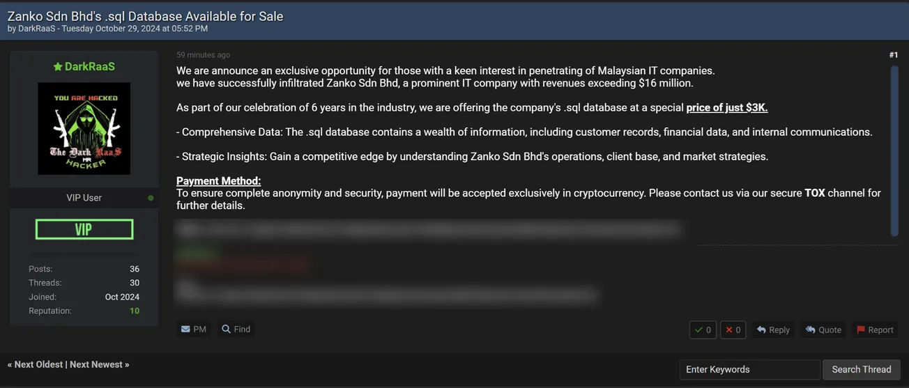 DarkRaaS is Allegedly Selling the Database of Zanko Sdn Bhd