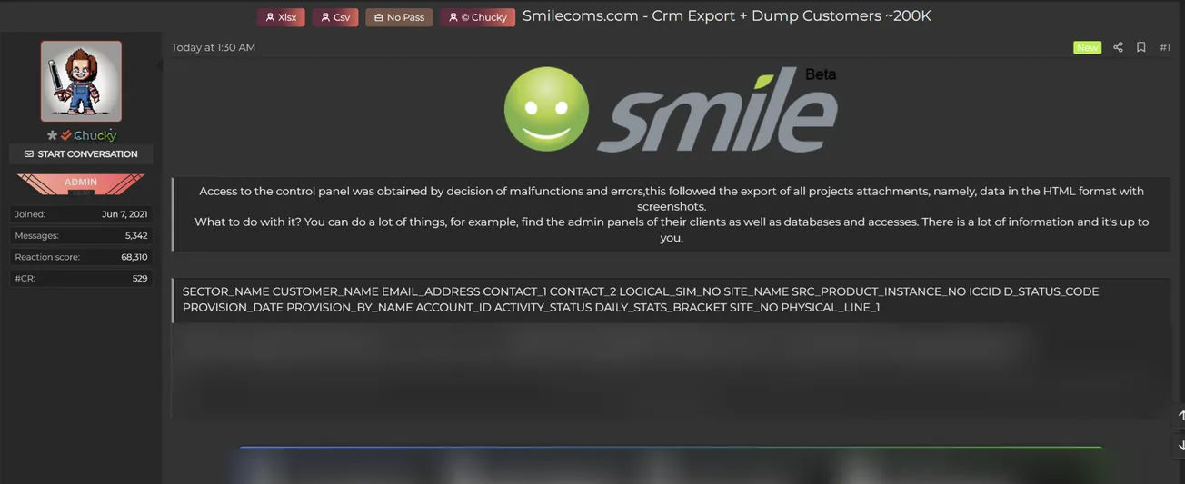 Chucky Allegedly Leaked Exported CRM Data from Smile Communications