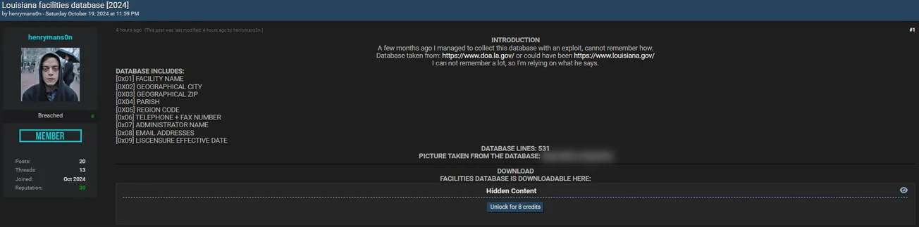 A Threat Actor Allegedly Leaked Louisiana Facilities Database
