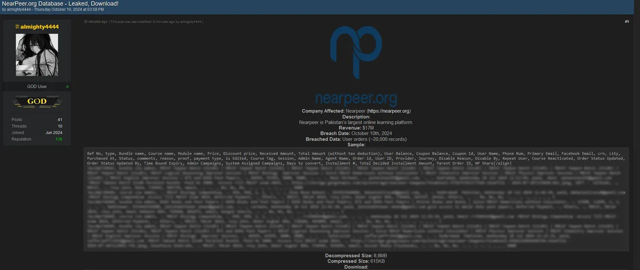 A Threat Actor has Allegedly Leaked the Nearpeer[.]org Database