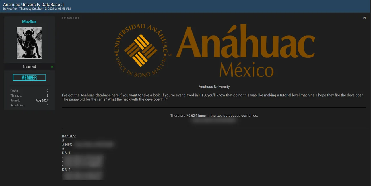 A Threat Actor has Allegedly Leaked the Database of Anahuac University