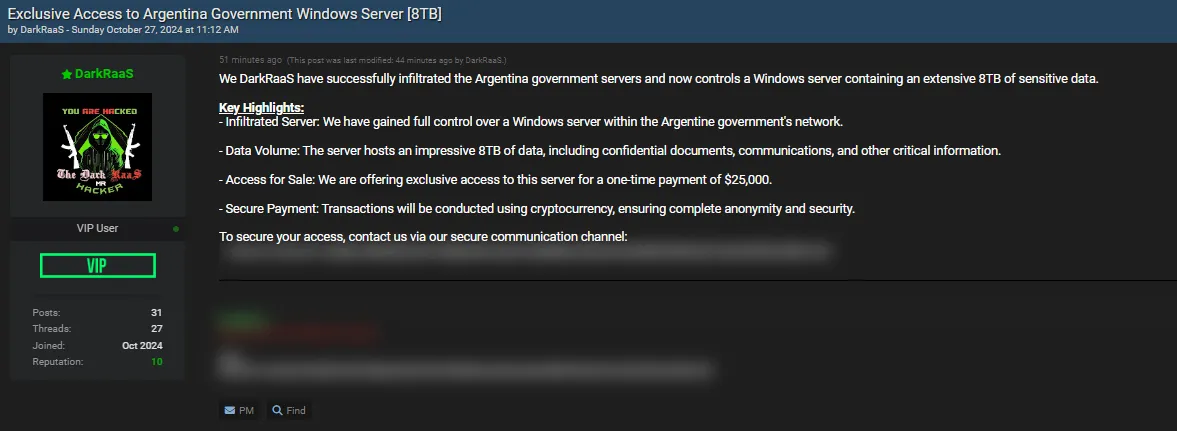 DarkRaaS Allegedly is Selling Access to an Argentina Government Windows Server