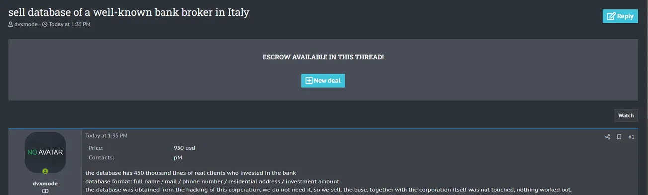 A Threat Actor is Allegedly Selling the Database of an Unidentified Bank in Italy