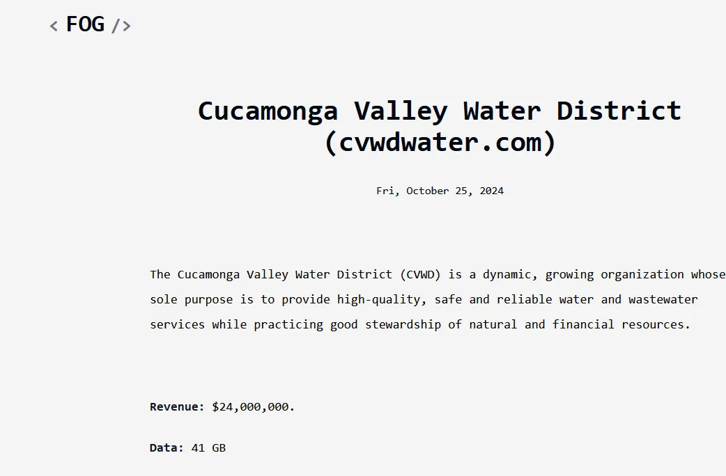 Cucamonga Valley Water District Has Been Claimed a Victim to FOG Ransomware