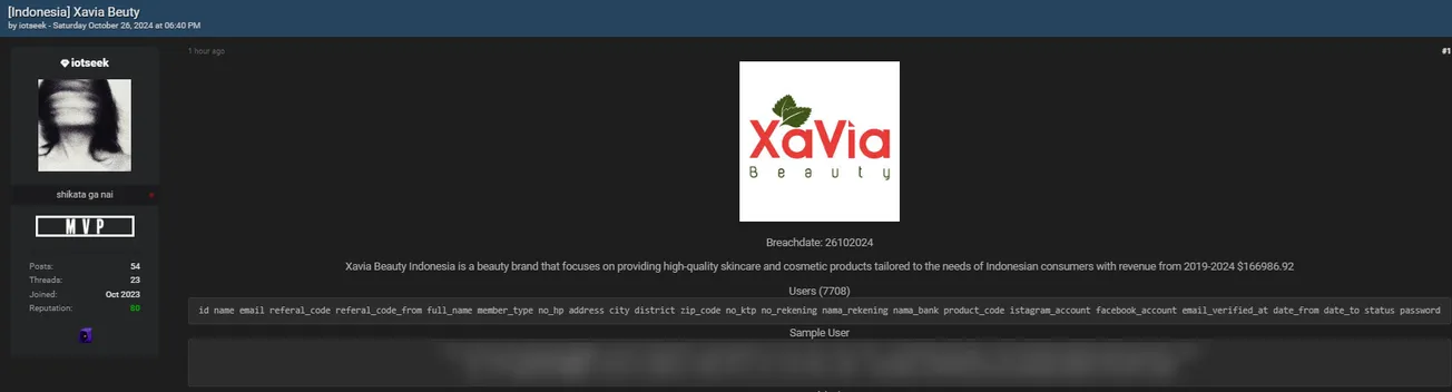 A Threat Actor has Allegedly Leaked the Database of Xavia Beauty