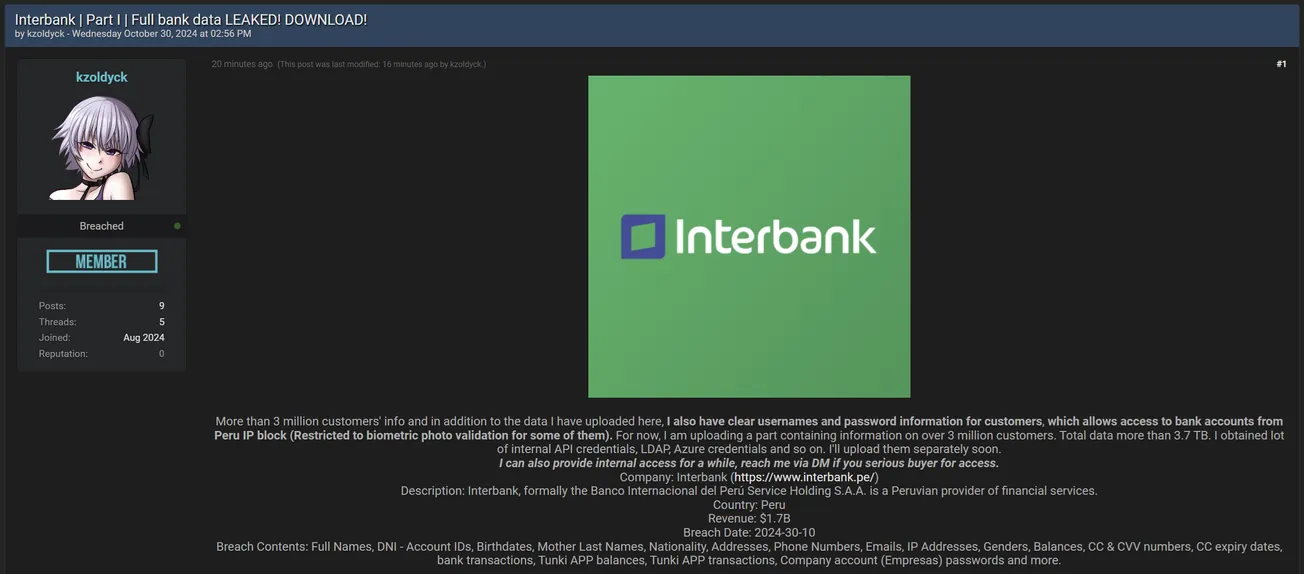 A Threat Actor Allegedly Has Leaked Part 1 of Interbank Data