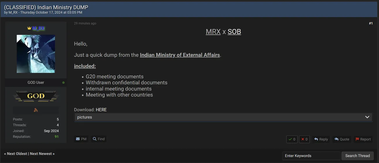 A Threat Actor Allegedly Leaked Data of Ministry of External Affairs (MEA)