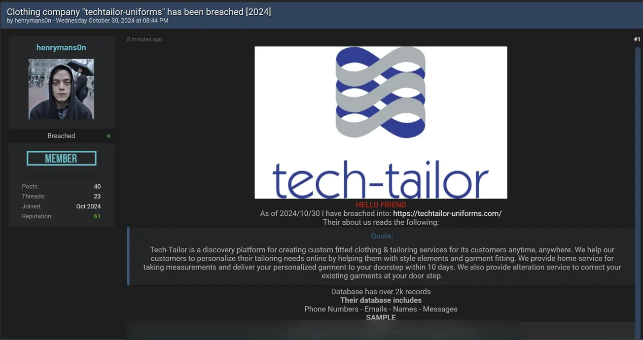 henrymans0n Allegedly Leaked Data of Tech-Tailor