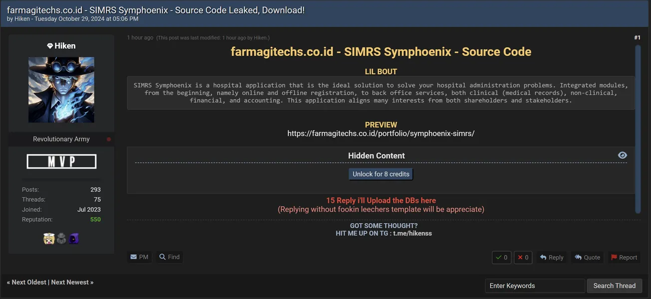 Hiken Allegedly Has Leaked Source Code of Symphoenix SIMRS