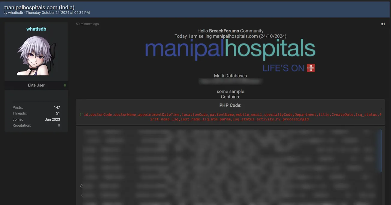 A Threat Actor is Allegedly Selling the Database to Manipal Hospitals