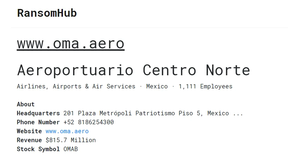 Grupo Aeroportuario del Centro Norte (OMA),Has Been Claimed a Victim to RansomHub Ransomware