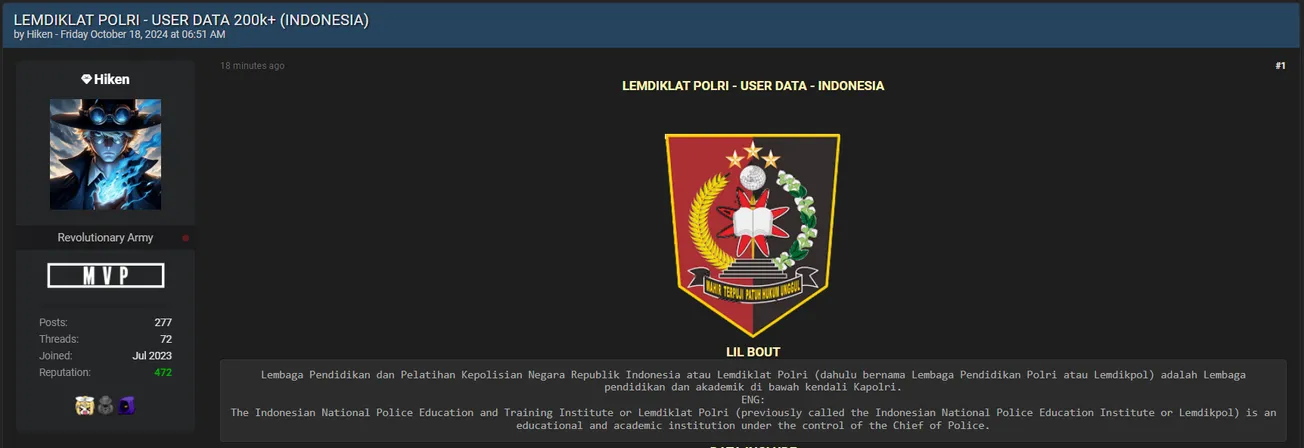 Hiken Allegedly is Selling Data of LEMDIKLAT POLRI