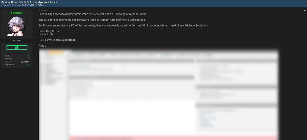 A Threat Actor is Allegedly Selling phpMyAdmin Access to the University of Mumbai